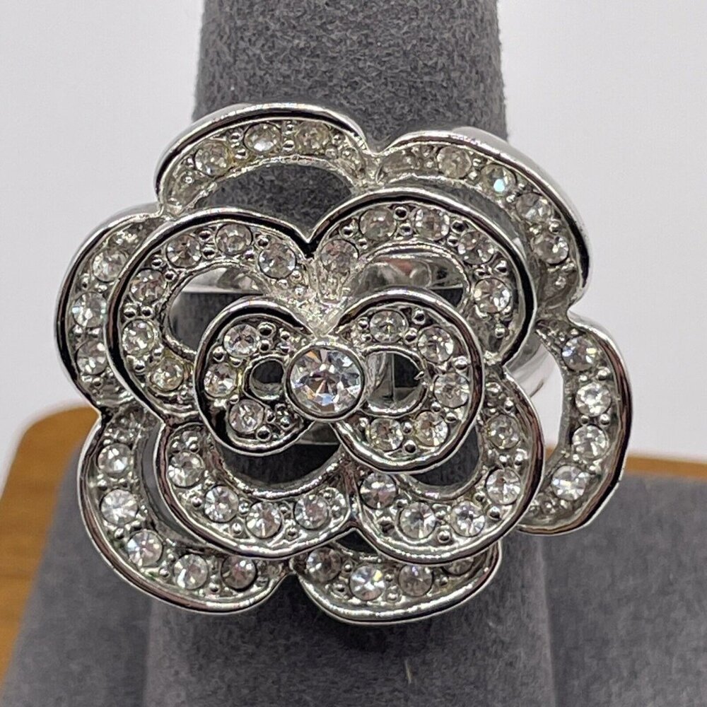Vintage Chunky‎ Sparkling Clear Rhinestone Floral Silver Tone Ring 3D Size 7.5